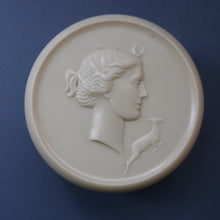 Load image into Gallery viewer, Vintage 1930s ART DECO Celluloid Lidded Power Pot with Image of the Moon Goddess, Diana
