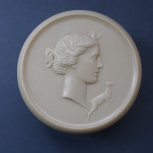 Vintage 1930s ART DECO Celluloid Lidded Power Pot with Image of the Moon Goddess, Diana