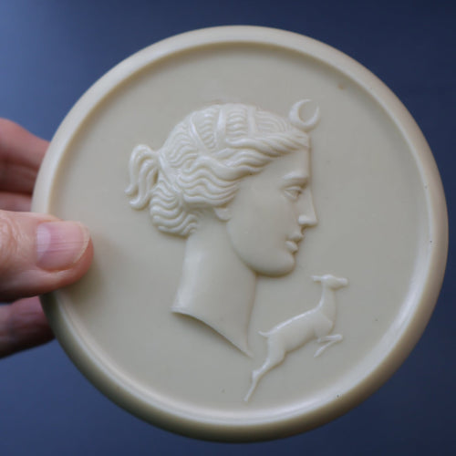 Vintage 1930s ART DECO Celluloid Lidded Power Pot with Image of the Moon Goddess, Diana