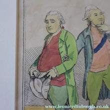 Load image into Gallery viewer, GEORGIAN PRINT. JAMES GILLRAY. Satirical Print. Malagrida &amp; Conspirators, Consulting The Ghost of Oliver Cromwell. Hand Coloured Etching, 1782. FRAMED
