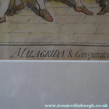 Load image into Gallery viewer, GEORGIAN PRINT. JAMES GILLRAY. Satirical Print. Malagrida &amp; Conspirators, Consulting The Ghost of Oliver Cromwell. Hand Coloured Etching, 1782. FRAMED
