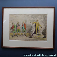 Load image into Gallery viewer, GEORGIAN PRINT. JAMES GILLRAY. Satirical Print. Malagrida &amp; Conspirators, Consulting The Ghost of Oliver Cromwell. Hand Coloured Etching, 1782. FRAMED
