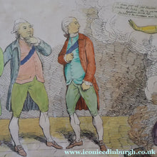 Load image into Gallery viewer, GEORGIAN PRINT. JAMES GILLRAY. Satirical Print. Malagrida &amp; Conspirators, Consulting The Ghost of Oliver Cromwell. Hand Coloured Etching, 1782. FRAMED
