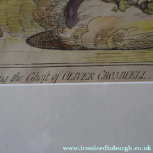 Load image into Gallery viewer, GEORGIAN PRINT. JAMES GILLRAY. Satirical Print. Malagrida &amp; Conspirators, Consulting The Ghost of Oliver Cromwell. Hand Coloured Etching, 1782. FRAMED
