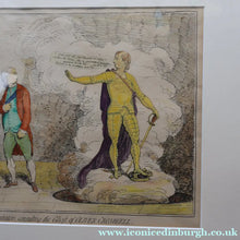Load image into Gallery viewer, GEORGIAN PRINT. JAMES GILLRAY. Satirical Print. Malagrida &amp; Conspirators, Consulting The Ghost of Oliver Cromwell. Hand Coloured Etching, 1782. FRAMED
