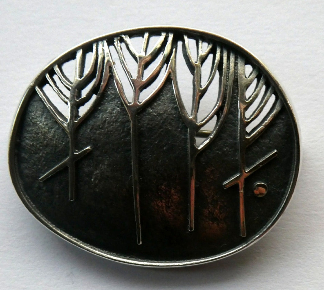 1990s OLA GORIE Silver Brooch: Ingibiorg Oval RUNIC Brooch with Pierced Tree Motif