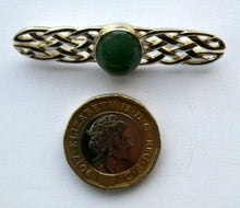 Load image into Gallery viewer, Vintage Celtic Knotwork Bar Brooch with Green Agate Stone. Hallmarked Silver
