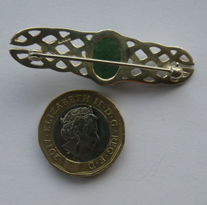Vintage Celtic Knotwork Bar Brooch with Green Agate Stone. Hallmarked Silver