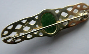 Vintage Celtic Knotwork Bar Brooch with Green Agate Stone. Hallmarked Silver