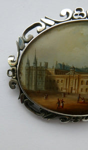 Victorian Silver Brooch with Miniature Painting of Holyrood Palace in Edinburgh