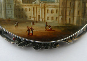 Victorian Silver Brooch with Miniature Painting of Holyrood Palace in Edinburgh