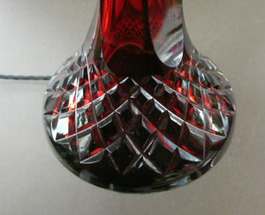  EDWARDIAN Ruby Red Glass Lamp with White Glass Shade with Wavy Rim 