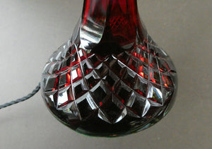  EDWARDIAN Ruby Red Glass Lamp with White Glass Shade with Wavy Rim 