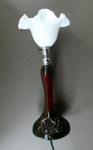  EDWARDIAN Ruby Red Glass Lamp with White Glass Shade with Wavy Rim 