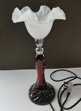 Load image into Gallery viewer,  EDWARDIAN Ruby Red Glass Lamp with White Glass Shade with Wavy Rim 
