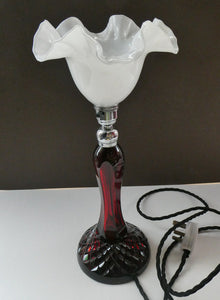  EDWARDIAN Ruby Red Glass Lamp with White Glass Shade with Wavy Rim 