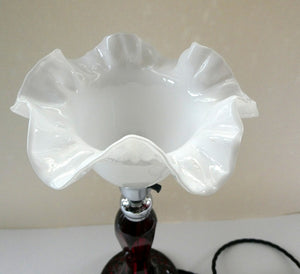  EDWARDIAN Ruby Red Glass Lamp with White Glass Shade with Wavy Rim 