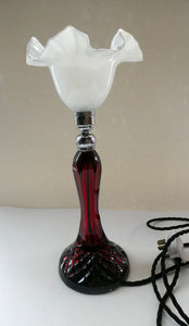  EDWARDIAN Ruby Red Glass Lamp with White Glass Shade with Wavy Rim 