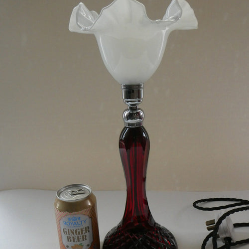  EDWARDIAN Ruby Red Glass Lamp with White Glass Shade with Wavy Rim 