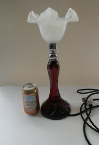  EDWARDIAN Ruby Red Glass Lamp with White Glass Shade with Wavy Rim 