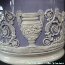 Load image into Gallery viewer, 1820s Large Ridgway Griffin / Roman Mask Head Mug. Lilac Ground with White Sprigware Decoration - British Ceramics
