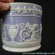 Load image into Gallery viewer, 1820s Large Ridgway Griffin / Roman Mask Head Mug. Lilac Ground with White Sprigware Decoration - British Ceramics
