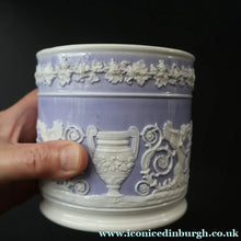Load image into Gallery viewer, 1820s Large Ridgway Griffin / Roman Mask Head Mug. Lilac Ground with White Sprigware Decoration - British Ceramics
