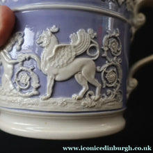 Load image into Gallery viewer, 1820s Large Ridgway Griffin / Roman Mask Head Mug. Lilac Ground with White Sprigware Decoration (Copy) - British
