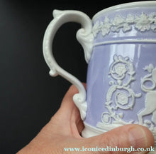 Load image into Gallery viewer, 1820s Large Ridgway Griffin / Roman Mask Head Mug. Lilac Ground with White Sprigware Decoration - British Ceramics
