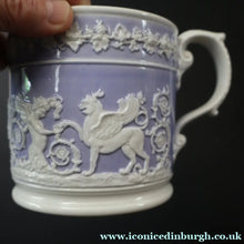 Load image into Gallery viewer, 1820s Large Ridgway Griffin / Roman Mask Head Mug. Lilac Ground with White Sprigware Decoration - British Ceramics
