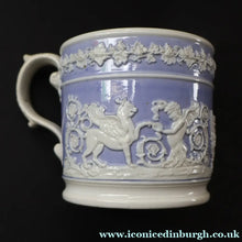 Load image into Gallery viewer, 1820s Large Ridgway Griffin / Roman Mask Head Mug. Lilac Ground with White Sprigware Decoration (Copy) - British
