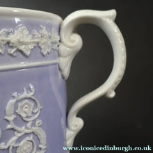 Load image into Gallery viewer, 1820s Large Ridgway Griffin / Roman Mask Head Mug. Lilac Ground with White Sprigware Decoration - British Ceramics

