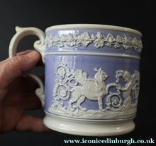 Load image into Gallery viewer, 1820s Large Ridgway Griffin / Roman Mask Head Mug. Lilac Ground with White Sprigware Decoration (Copy) - British
