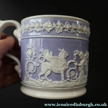 Load image into Gallery viewer, 1820s Large Ridgway Griffin / Roman Mask Head Mug. Lilac Ground with White Sprigware Decoration - British Ceramics
