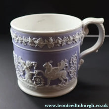 Load image into Gallery viewer, 1820s Large Ridgway Griffin / Roman Mask Head Mug. Lilac Ground with White Sprigware Decoration - British Ceramics
