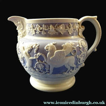 Load image into Gallery viewer, Rare 1820s RIDGWAY GRIFFIN and Mask Head Jug or Pitcher. Lilac Ground with Applied White Sprigware Decoration
