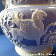 Load image into Gallery viewer, LARGE. Rare 1820s RIDGWAY GRIFFIN and Mask Head Jug or Pitcher. Lilac Ground with Applied White Sprigware Decoration
