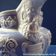 Load image into Gallery viewer, LARGE. Rare 1820s RIDGWAY GRIFFIN and Mask Head Jug or Pitcher. Lilac Ground with Applied White Sprigware Decoration
