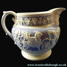 Load image into Gallery viewer, Rare 1820s RIDGWAY GRIFFIN and Mask Head Jug or Pitcher. Lilac Ground with Applied White Sprigware Decoration
