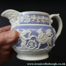 Load image into Gallery viewer, 1820s Rare Small Ridgway Griffin / Roman Mask Head Jug. Lilac Ground with White Sprigware Decoration - British Ceramics
