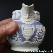 Load image into Gallery viewer, 1820s Rare Small Ridgway Griffin / Roman Mask Head Jug. Lilac Ground with White Sprigware Decoration - British Ceramics
