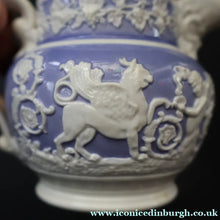 Load image into Gallery viewer, 1820s Rare Small Ridgway Griffin / Roman Mask Head Jug. Lilac Ground with White Sprigware Decoration - British Ceramics
