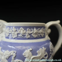 Load image into Gallery viewer, 1820s Rare Small Ridgway Griffin / Roman Mask Head Jug. Lilac Ground with White Sprigware Decoration - British Ceramics
