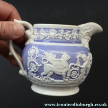 Load image into Gallery viewer, 1820s Rare Small Ridgway Griffin / Roman Mask Head Jug. Lilac Ground with White Sprigware Decoration - British Ceramics
