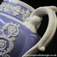 Load image into Gallery viewer, 1820s Rare Small Ridgway Griffin / Roman Mask Head Jug. Lilac Ground with White Sprigware Decoration - British Ceramics
