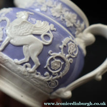 Load image into Gallery viewer, 1820s Rare Small Ridgway Griffin / Roman Mask Head Jug. Lilac Ground with White Sprigware Decoration - British Ceramics
