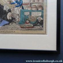 Load image into Gallery viewer, GEORGIAN PRINT. Satirical Print. Loaves and Fishes. Published 1827. Hand Coloured Etching. FRAMED
