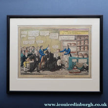 Load image into Gallery viewer, GEORGIAN PRINT. Satirical Print. Loaves and Fishes. Published 1827. Hand Coloured Etching. FRAMED
