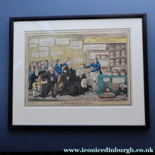 Load image into Gallery viewer, GEORGIAN PRINT. Satirical Print. Loaves and Fishes. Published 1827. Hand Coloured Etching. FRAMED
