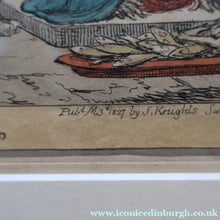 Load image into Gallery viewer, GEORGIAN PRINT. Satirical Print. Loaves and Fishes. Published 1827. Hand Coloured Etching. FRAMED
